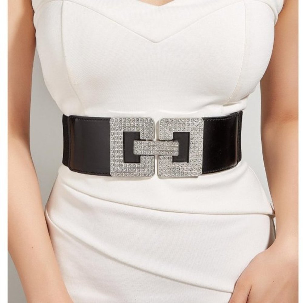 Silver/Black Square Rhinestone Stretch Belt